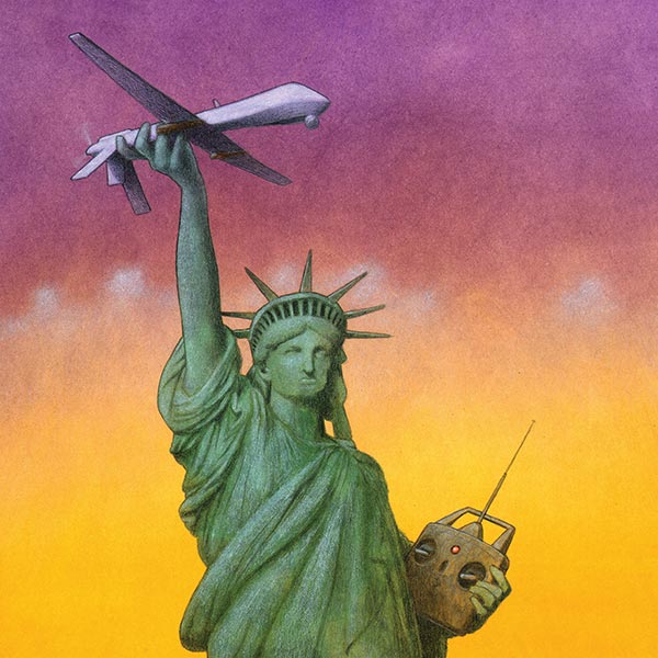the statue of liberty holding a drone