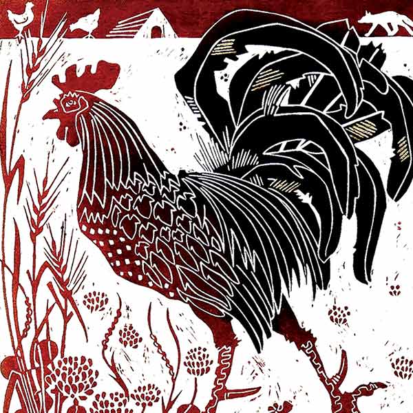 a linocut print in red and white of a rooster