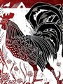 a linocut print in red and white of a rooster