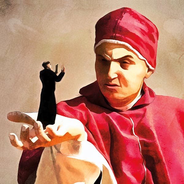 A painting of the pope holding Martin Luther in the palm of his hand. 
