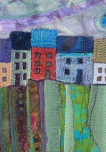 Embroidered textile image of houses on a cliff edge