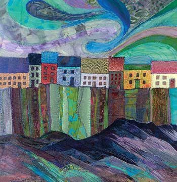 Embroidered image of houses on a cliff edge
