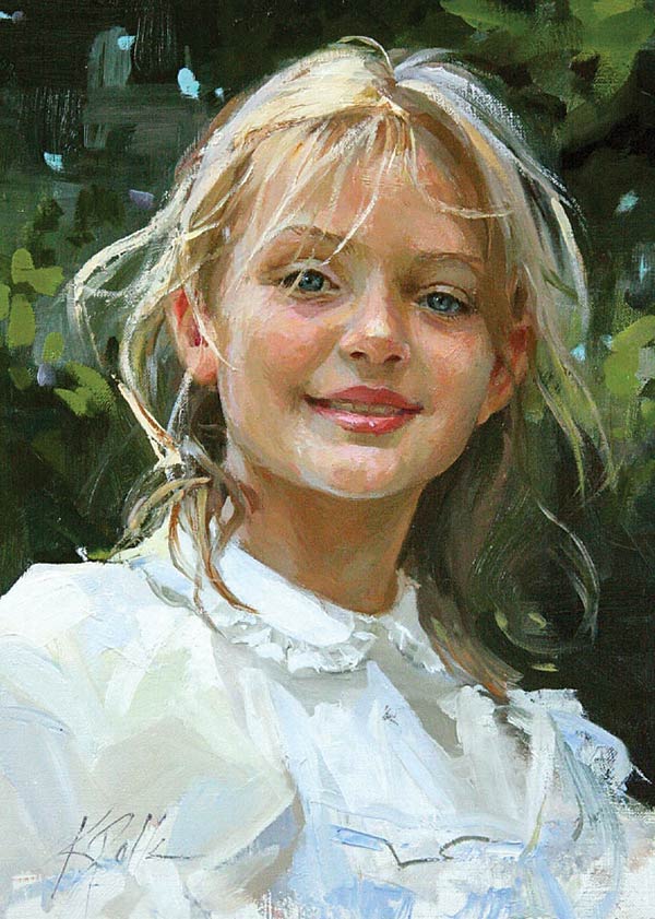 painting of a blond girl against a leafy background