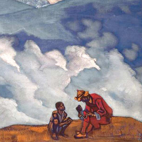 painting of two people on a mountain top