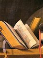 painting of a jumbled pile of books on a shelf