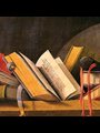 painting of a jumbled pile of books on a shelf
