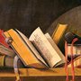 painting of a jumbled pile of books on a shelf