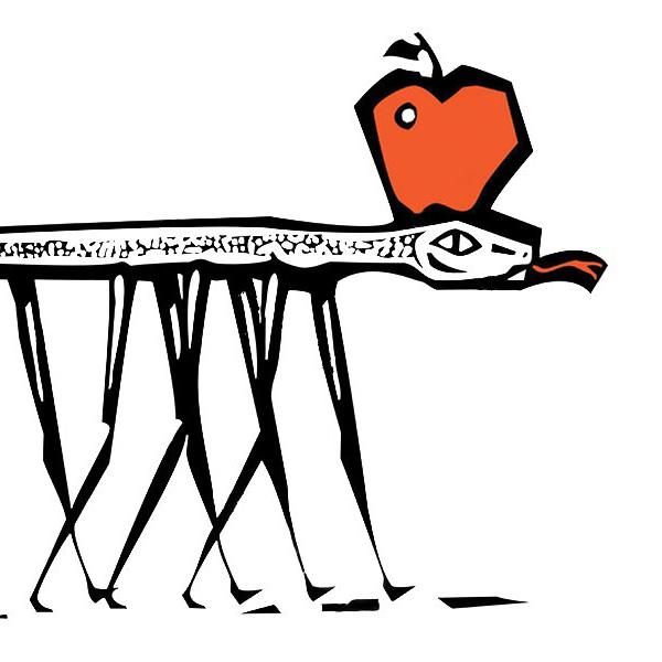 woodcut of snake with an apple on his head