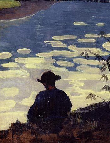 a painting of a man in a hat by a lake