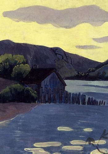 a painting of a house by a lake