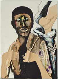 Benny Andrews (1930–2006), War (Study #1), 1974, oil and graphite on canvas with painted fabric collage