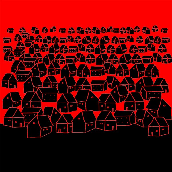 black houses on a red background