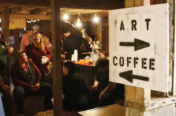 Friends and neighbors visit the Barn Studio during an exhibition, 2017.
