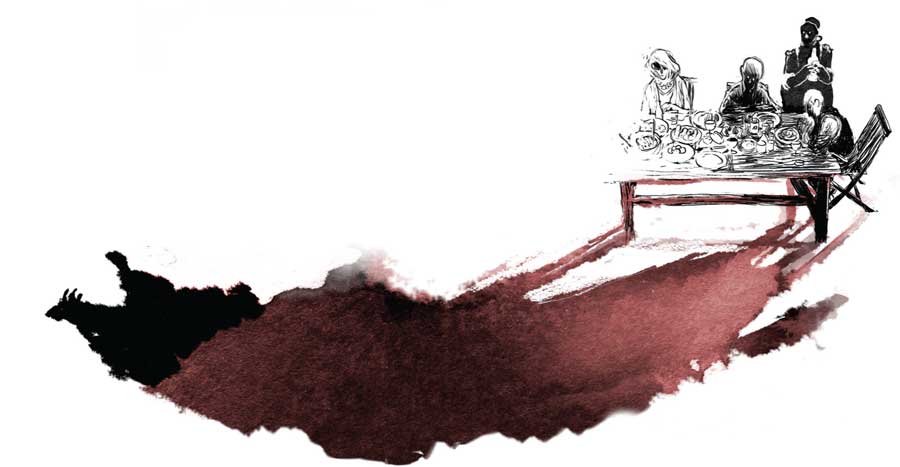 The family sits to dinner. The shadow of a wolf is cast by the table.