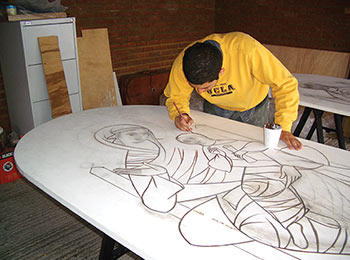 Charcoal lines are set in paint.