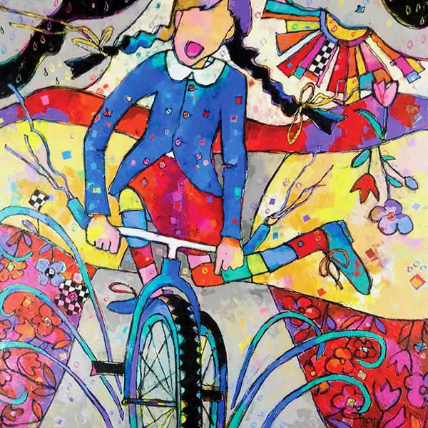 painting of a girl riding a bicycle