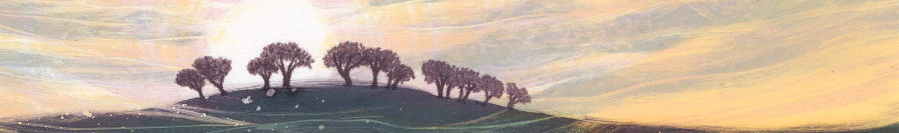 drawing of trees silhouetted against a yellow sunrise