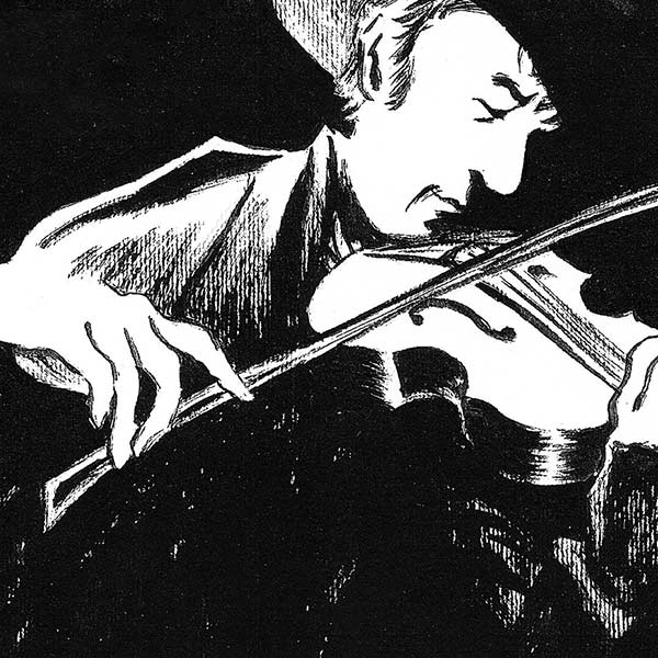 black and white illustration of a man playing a fiddle