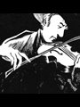black and white illustration of a man playing a fiddle