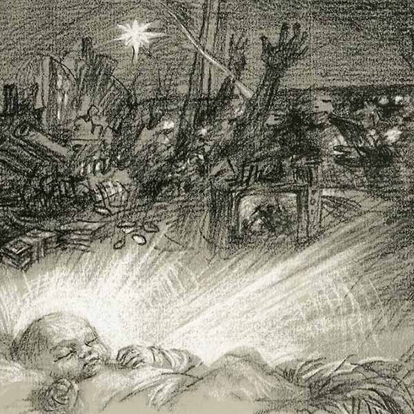 charcoal drawing of Jesus lying in a manger