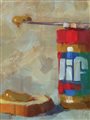 Painting of a jif peanut butter jar, knife and bread