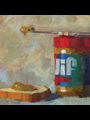 Painting of a jif peanut butter jar, knife and bread
