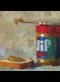 Painting of a jif peanut butter jar, knife and bread