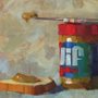 Painting of a jif peanut butter jar, knife and bread