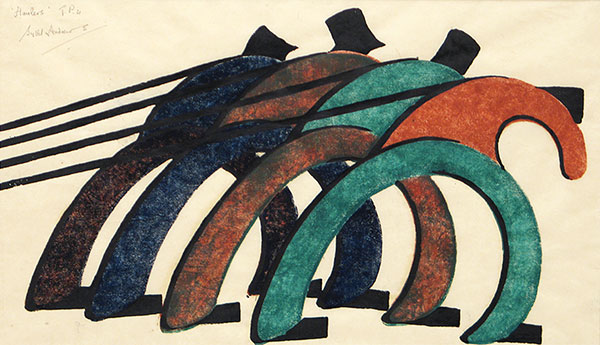 Sybil Andrews, Haulers, 1929: linocut of four men pulling ropes