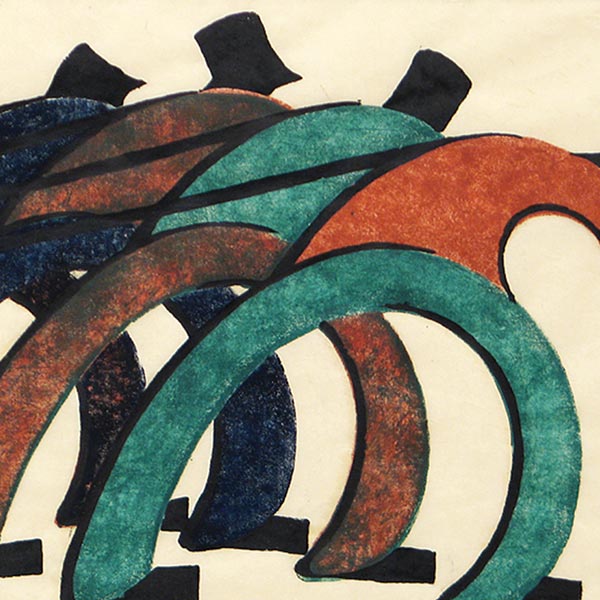 Sybil Andrews, Haulers, 1929, detail: linocut of four men pulling ropes