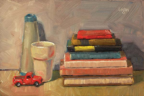 an oil painting of a stack of books and a red toy truck
