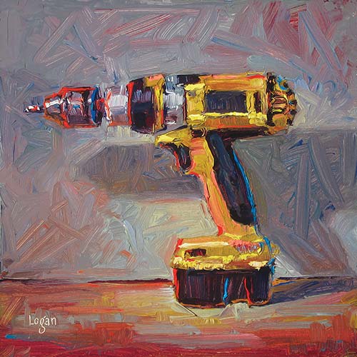 an oil painting of a Dewalt power drill