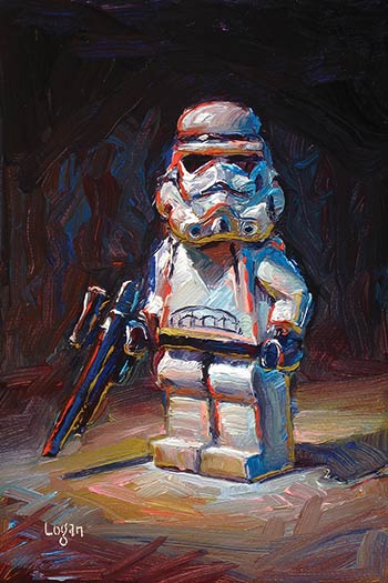 an oil painting of a Lego Star Wars stormtrooper