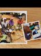 two photos on a wooden table, one of a table set with dishes and candles and the other of dishes of food