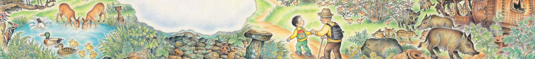 illustration of a grandfather and boy walking on a path