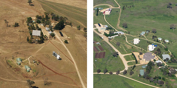 two overhead photos of Danthonia Bruderhof, one very brown and the other lush and green