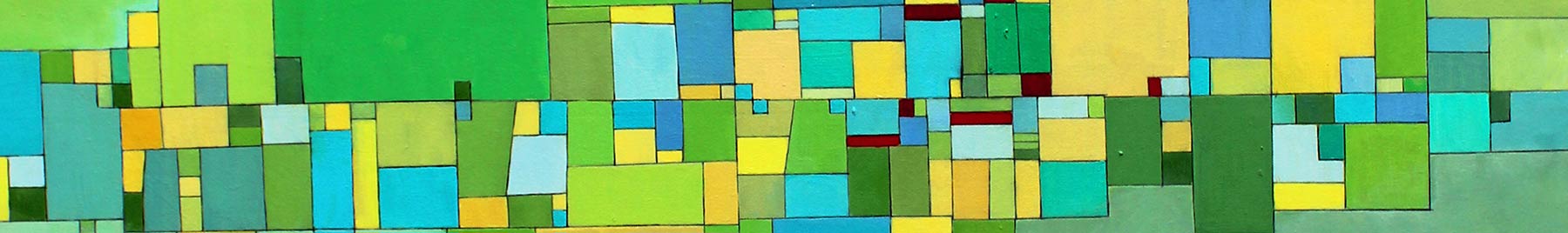 Deborah Batt, Rural Decay, detail. Painting of geometric shapes in green, blue, and gold.