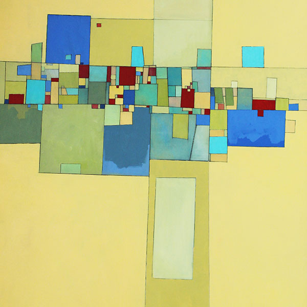 Deborah Batt, Community, detail. Painting of geometric shapes in red, blue, and yellow.