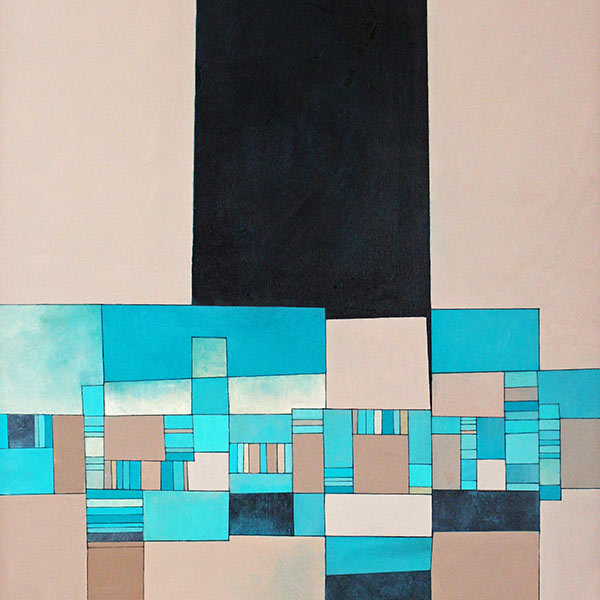 Deborah Batt, Dwelling 10, detail. Painting of geometric shapes in black, blue, and brown.