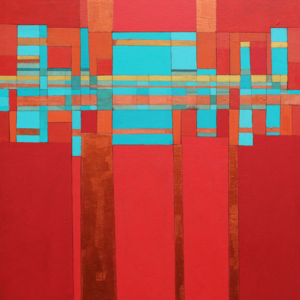 Deborah Batt, Further Development, detail. Painting of geometric shapes in red, blue, and brown.