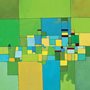 Deborah Batt, Rural Decay, detail. Painting of geometric shapes in green, blue, and gold.