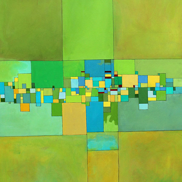 Deborah Batt, Rural Decay. Painting of geometric shapes in green, blue, and gold.