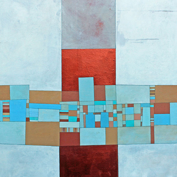 Deborah Batt, Urban Village, detail. Painting of geometric shapes in red, blue, and brown.