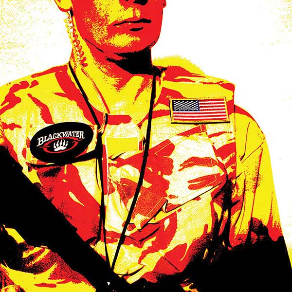 red yellow and black posterized image of an American military contracter with a Blackwater badge