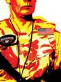 red yellow and black posterized image of an American military contracter with a Blackwater badge