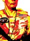 red yellow and black posterized image of an American military contracter with a Blackwater badge