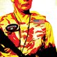 red yellow and black posterized image of an American military contracter with a Blackwater badge