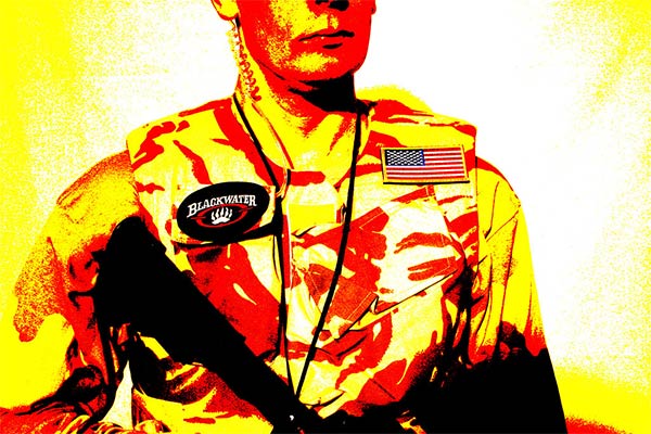 red yellow and black posterized image of an American military contracter with a Blackwater badge