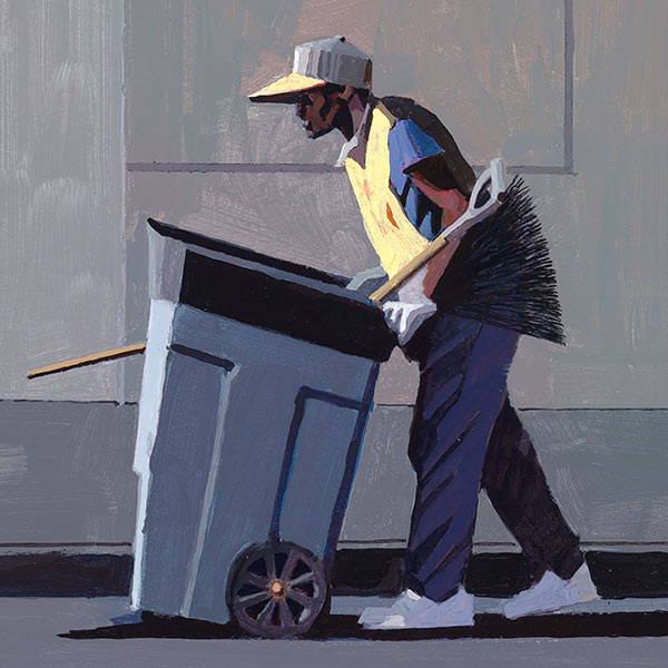 a man pushing a garbage can