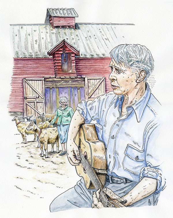 an illustration of Carl Sandburg playing a guitar